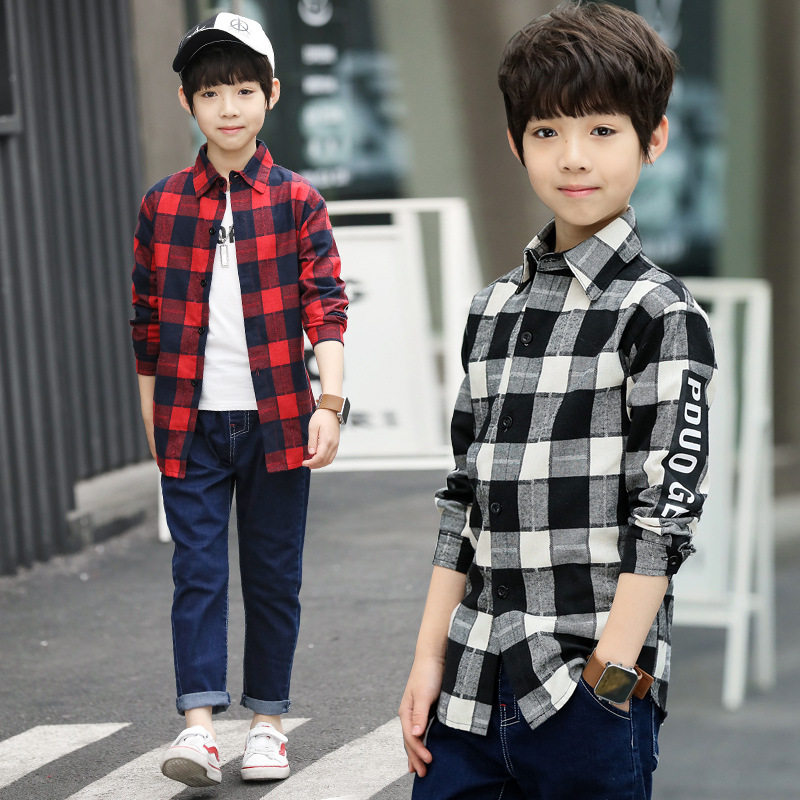 Ten-year-old boy shirt long sleeve 5 little boy son 6 spring autumn season 7 slim fit jacket 8 black and white red plaid 9 shirt 12