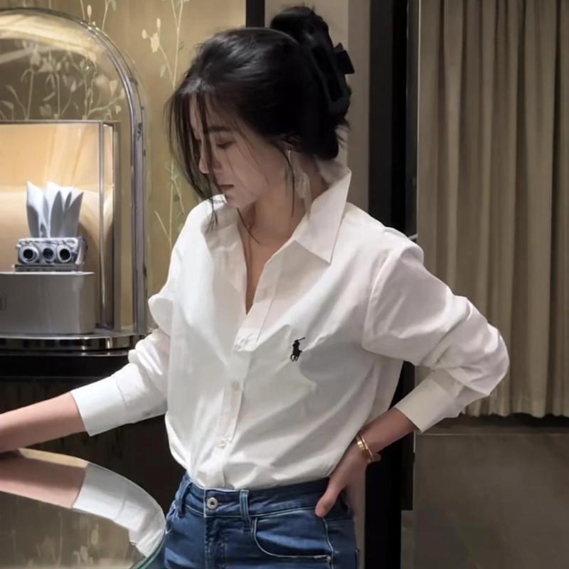 European and American Style, High-End, Elegant White Shirt with Horse Embroidery for Women, Early Spring Long-Sleeve Casual Simple Old Money Style Shirt