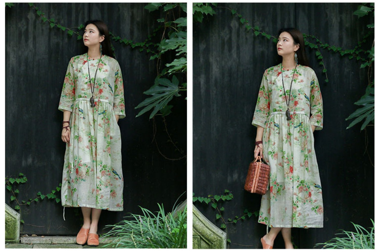 Nian Jiangnan phong cách quốc gia phụ nữ kích thước lớn áo choàng rộng ramie in đầm dây rút váy retro mỏng - Váy dài đầm maxi trắng