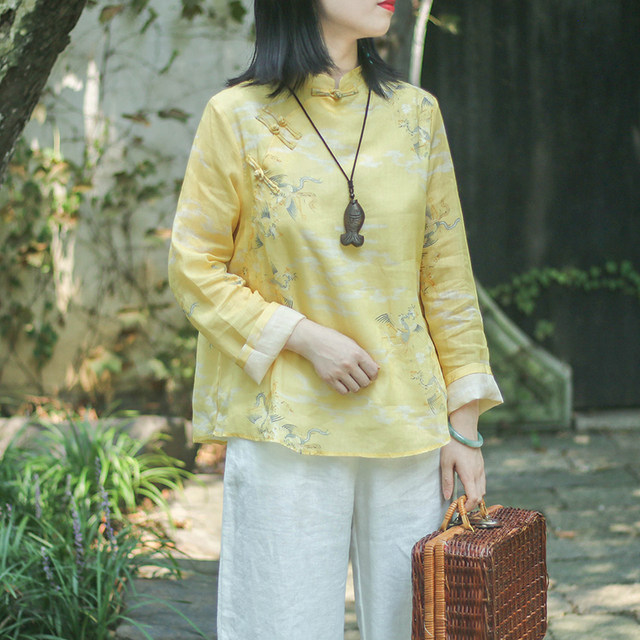 Nian Jiangnan Chinese style retro ramie Chinese style improved printed shirt long-sleeved Zen cotton and linen short tea dress original