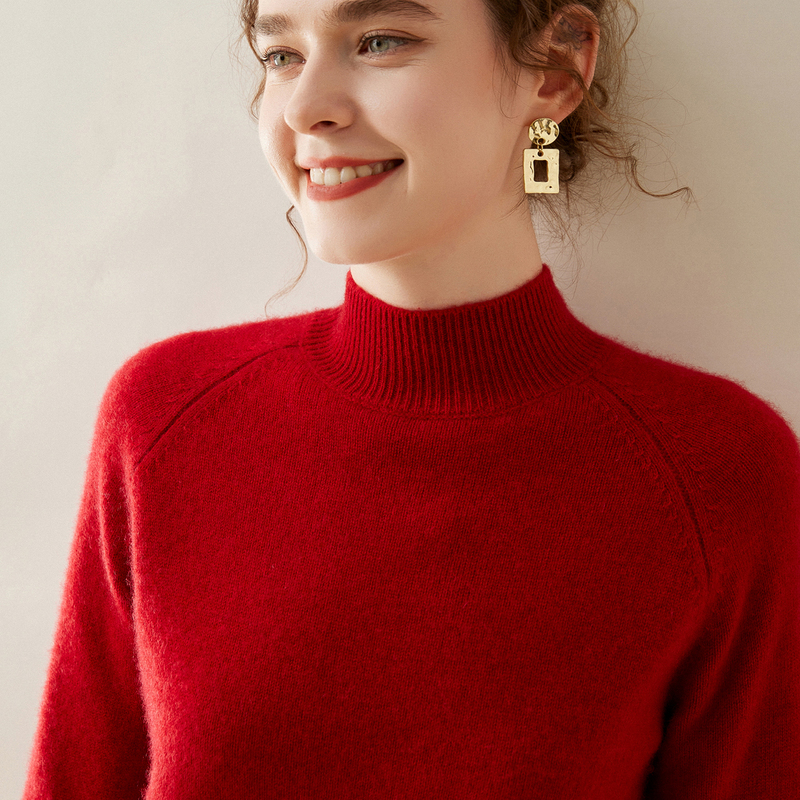 Autumn and Winter New Style Half-Turtleneck Cashmere Sweater for Women, Thickened, Skin-Friendly, Solid Color, Loose Knit Base Sweater, Red