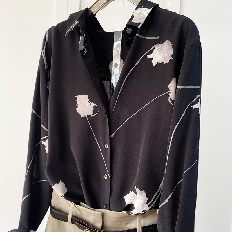 Sand-Washed Silk Crepe De Chine Shirt Women's Top Black Rose Print Light Luxury High-End 100% Mulberry Silk Shirt