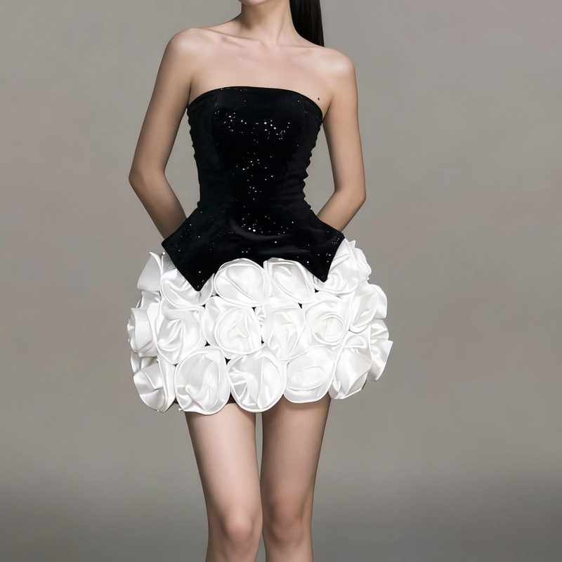 Luxurious Heavy-Duty Waist-Cinching Tube Top Floral Short Skirt Light Luxury Suit for Women Niche Design Banquet Party Mini Dress