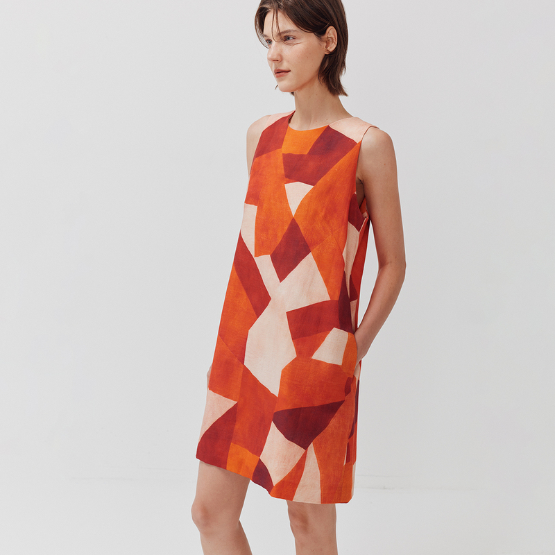 [Summer Geometry] Lyocell Linen Straight-Leg Dress Round Neck Sleeveless Art Print Tank Dress for Women
