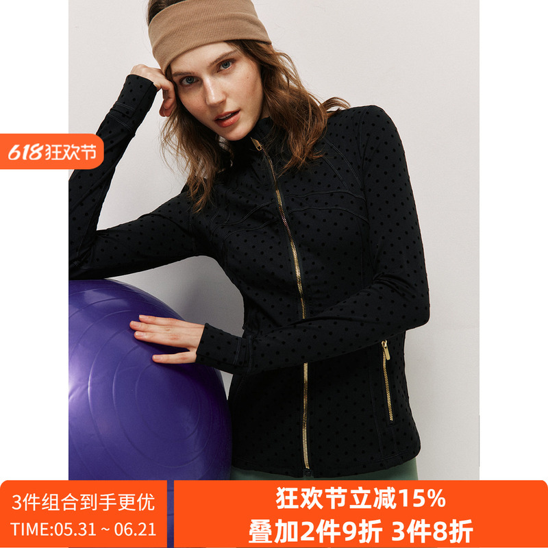 【External m Order】Flocked Polka Dot Print, Three-Dimensional Tailoring, Slim Fit, Waist-Cinching, Slimming Yoga Jacket