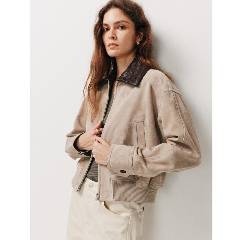 【High-End Quality】Braided Lapel Bomber Jacket, First-Layer Sheepskin, Sheep Suede Genuine Leather Short Jacket