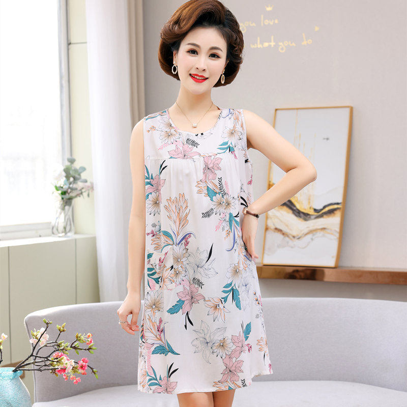 Middle-aged night dress female summer mother pajamas sleeveless dress Medium and long version with pocket cotton silk loose casual home skirt