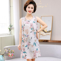 Middle-aged and elderly nightgown female summer mother pajamas sleeveless dress long with pocket cotton silk loose casual home dress