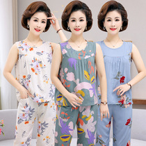 Middle-aged and elderly sleeveless cotton silk pajamas womens waistband trousers artificial cotton home clothing cotton silk set summer thin model