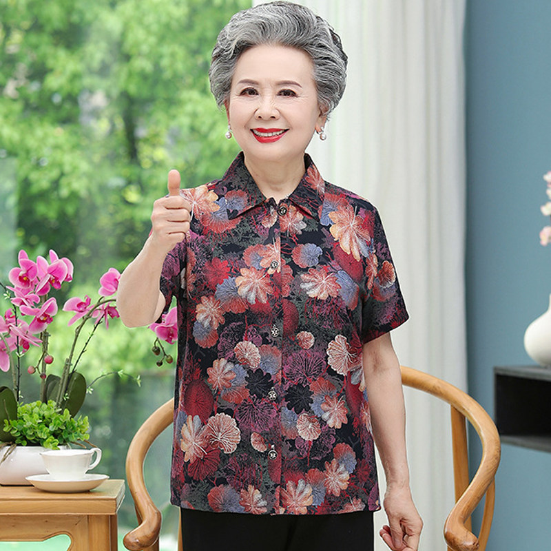 Elderly cardigan short-sleeved shirt women lapel placket T-shirt Elderly cotton silk pajama top Grandma's summer thin section