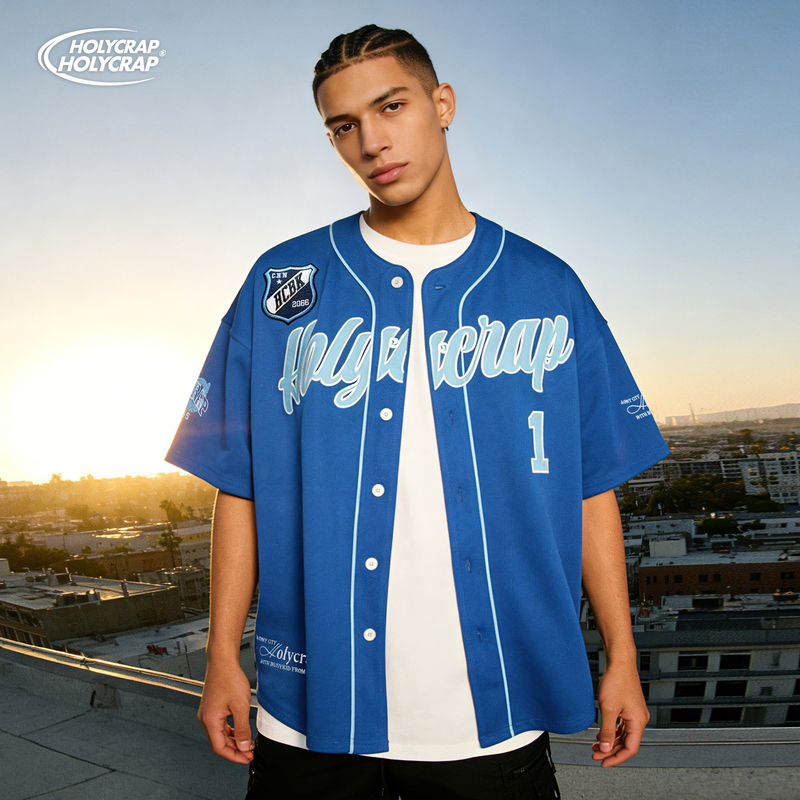 Holycrap Original American Short-Sleeved Baseball Uniform, Summer Loose Hip-Hop Street Dance Embroidered Cardigan Jersey for Men and Women