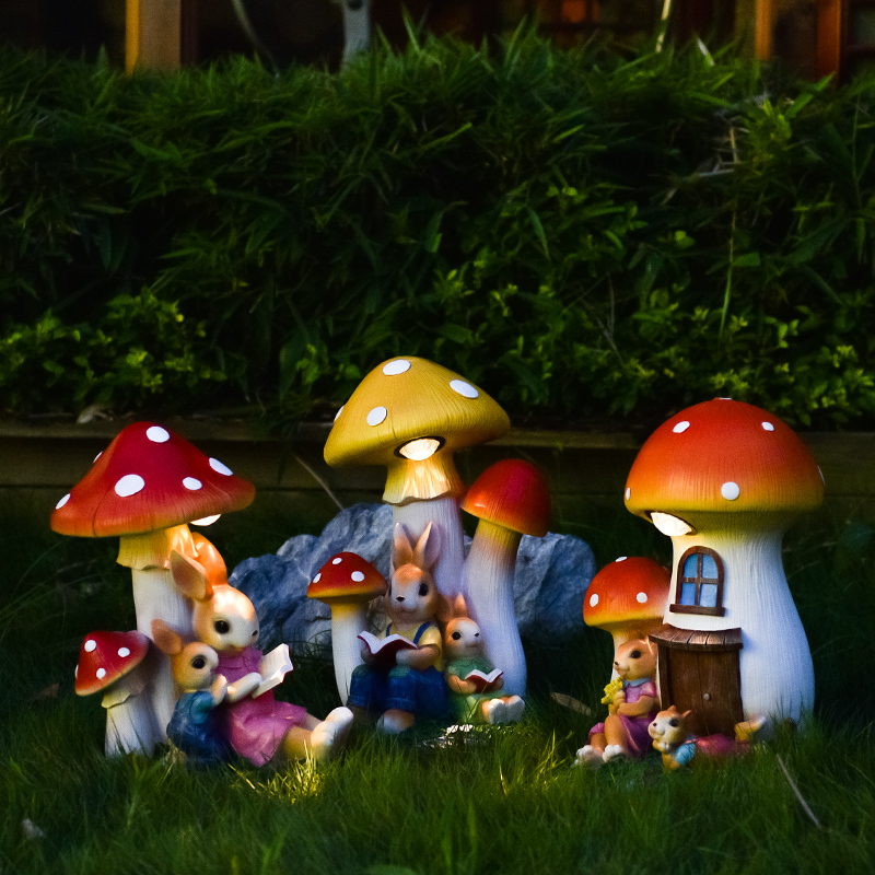 Outdoor Garden Waterproof and Sun-Resistant Solar Lights, Cute Artificial Mushroom and Rabbit Decorations for Villa Courtyard Landscaping