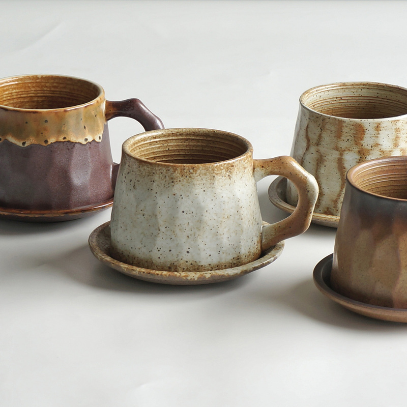 Japanese-Style Coffee Cup and Saucer, Vintage, Antique, Coarse Pottery, Ceramic, Handmade, High-Value Gift Set, Cup, Mug, Water Cup