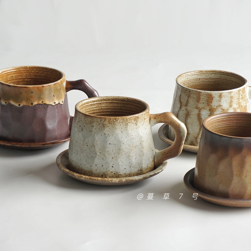 Japanese-Style Coffee Cup and Saucer, Vintage, Antique, Coarse Pottery, Ceramic, Handmade, High Aesthetic Value, High-End Feel, Tea Cup, Mug, Water Cup