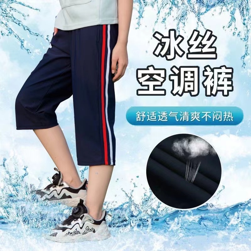 Summer Ice Silk Navy Blue Capri Pants with Red and White Stripes, One or Two Stripes, Sports Pants, Shorts for Primary and Secondary School Students, Plus Size School Uniform Pants