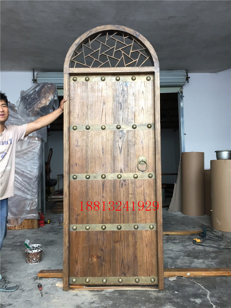 Custom-made old elm Chinese-style villa door single-open entry door arc top copper parts double-sided antique door solid wood door