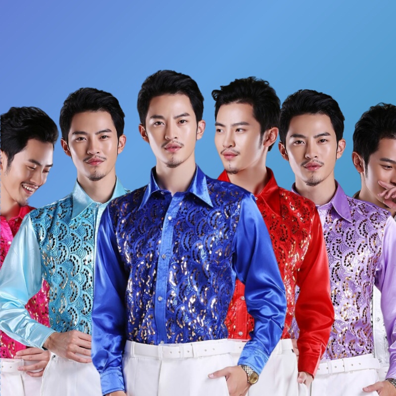Men's Sequin Shirt, Choir Colorful Shirt, Evening Emcee Stage Long-Sleeve Host Emcee Stage Singer