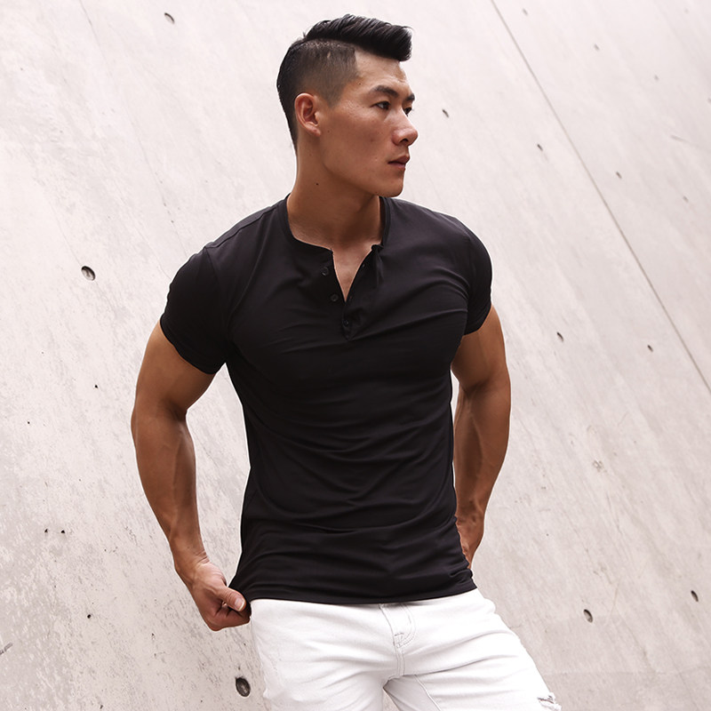 European and American wind sports pure cotton T-shirt male casual sashimi with tight T-shirt pure color short sleeve type male fitness instructor blouse