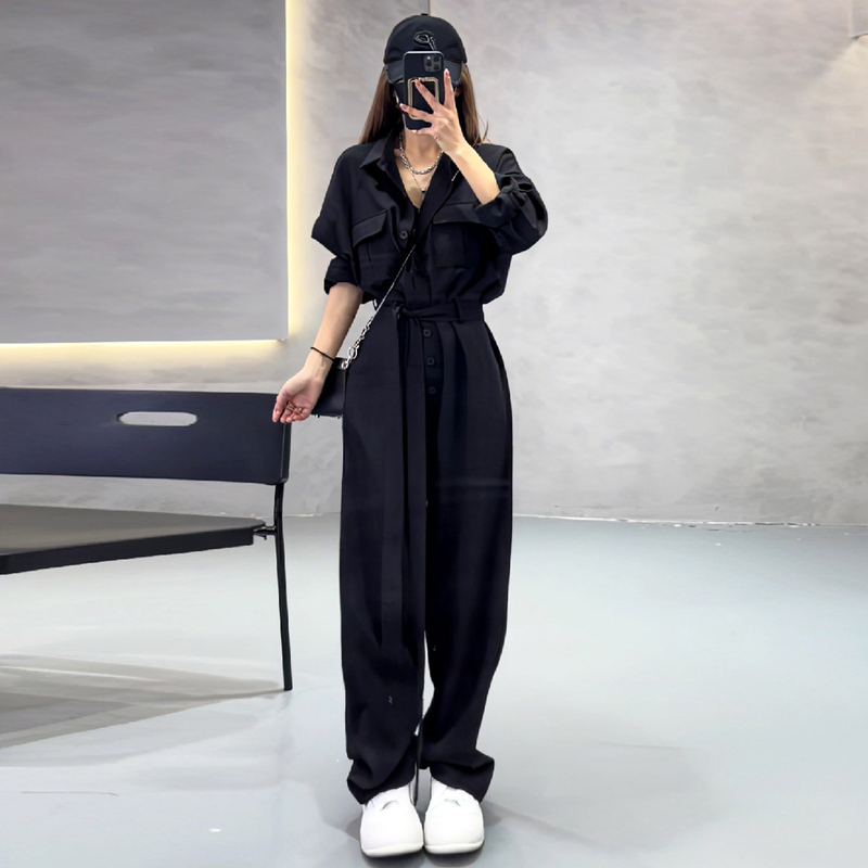 High-End Black Workwear Jumpsuit for Women, New Spring and Autumn Style, High-Waisted, Straight-Leg, Loose, Slimming Jumpsuit, Wide-Leg Pants