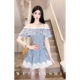Fanshu Light Luxury Light Oxygen Diary 2026 Summer New Off-Shoulder Blue and White Plaid Suit Lace Splicing Top Shorts
