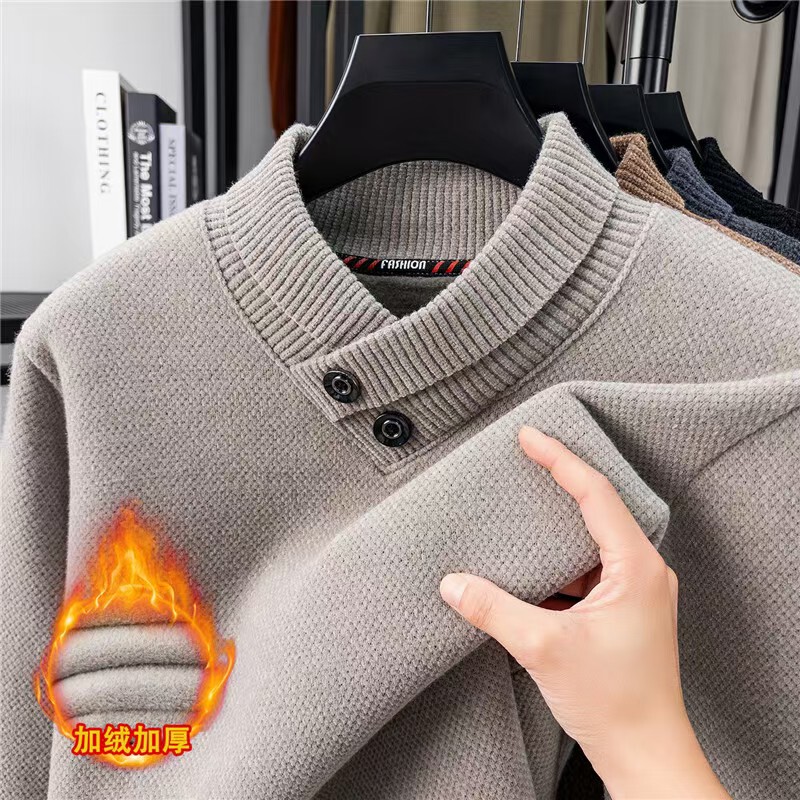 Winter Men's New Style Fleece-Lined Thickened V-Neck Knit Sweater, High-End Casual Warm Sweetheart Collar Base Shirt