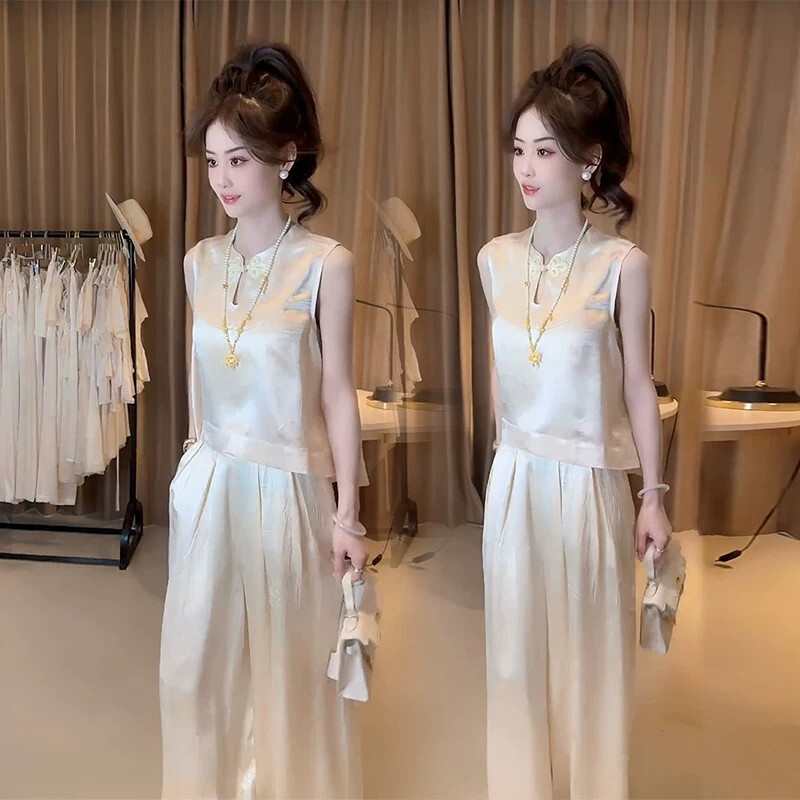 Celison Kloe Silk Suit, New Chinese Style, National Style, Sleeveless Top, Wide-Leg Pants, Mulberry Silk Two-Piece Set