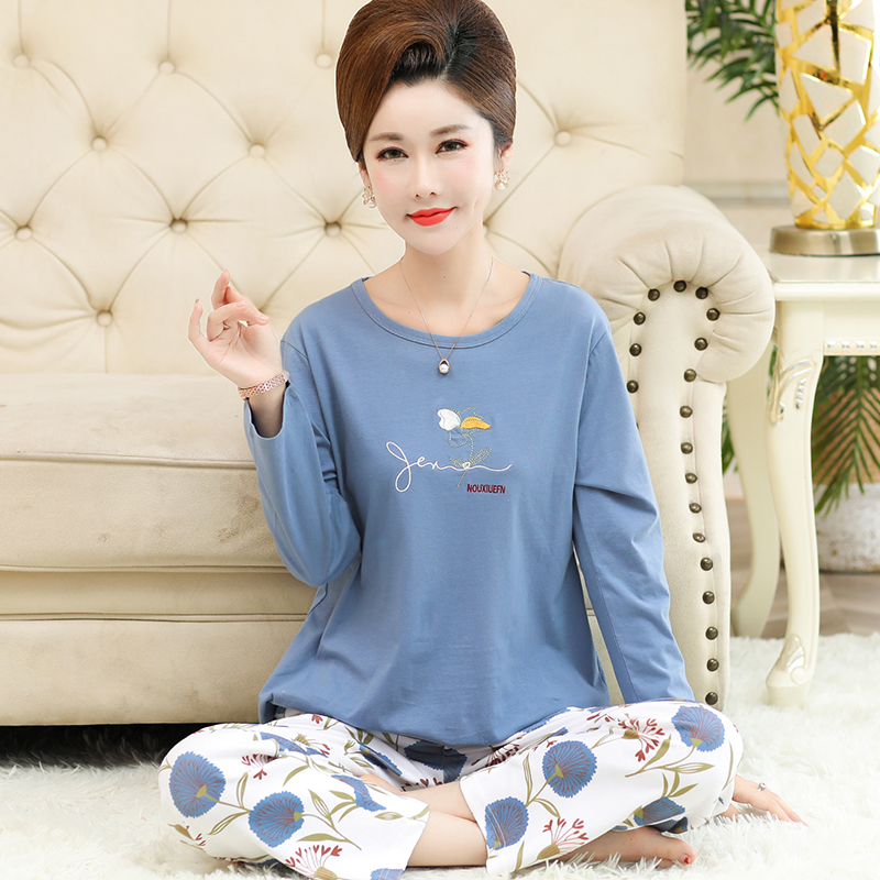 Fall Sleepwear Woman Long Sleeve Head Round Collar Pure Cotton Thin Section Middle-aged Mom Casual Large Size Spring Autumn Home Suit Suit
