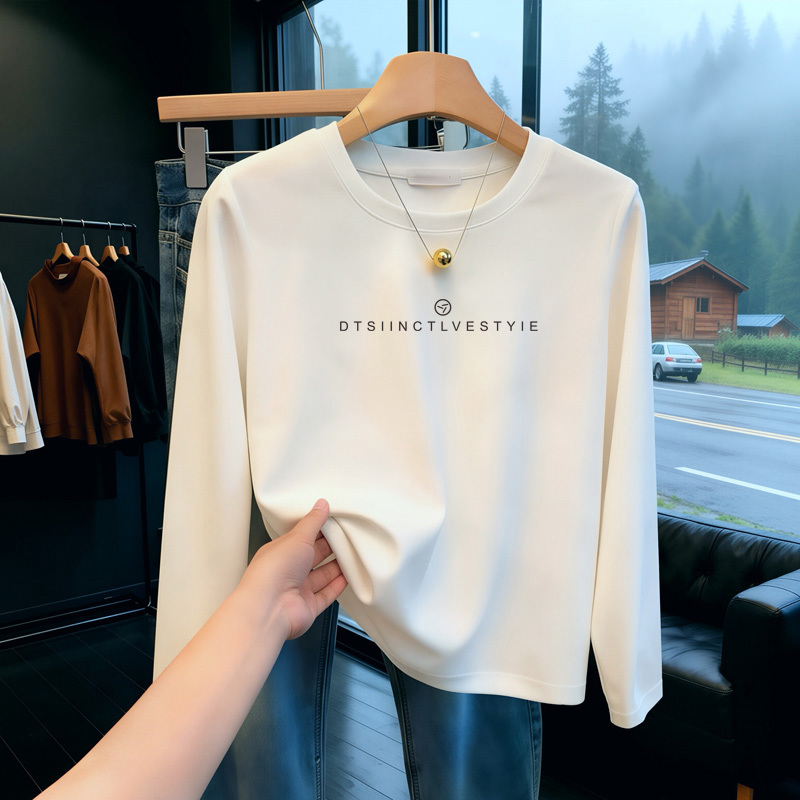 220g Heavyweight Pure Cotton Base Layer Shirt for Women, 2026 White Long-Sleeve T-Shirt with Letter Print for Petite Figures