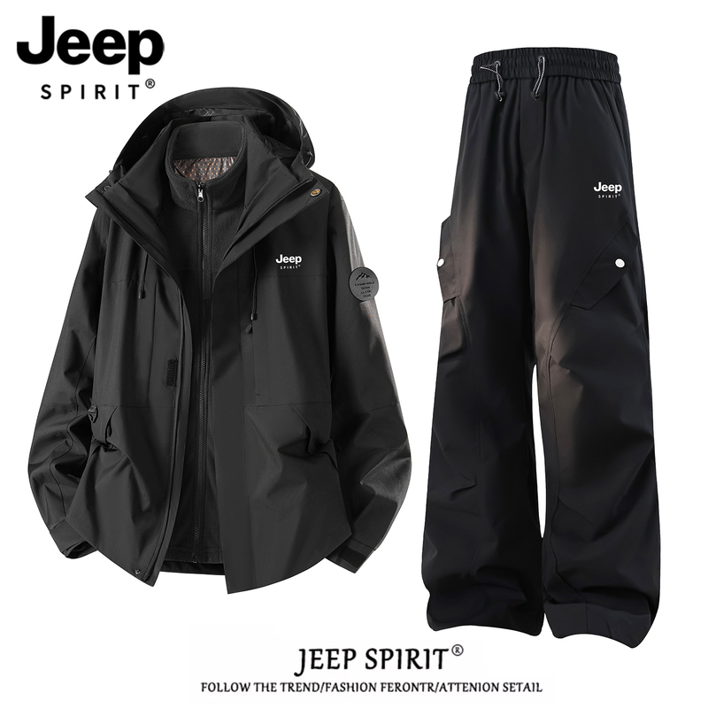 Jeep Black Jacket Suit for Men 2026 New Three-In-One Complete Set of Mountaineering and Skiing Sportswear Jacket