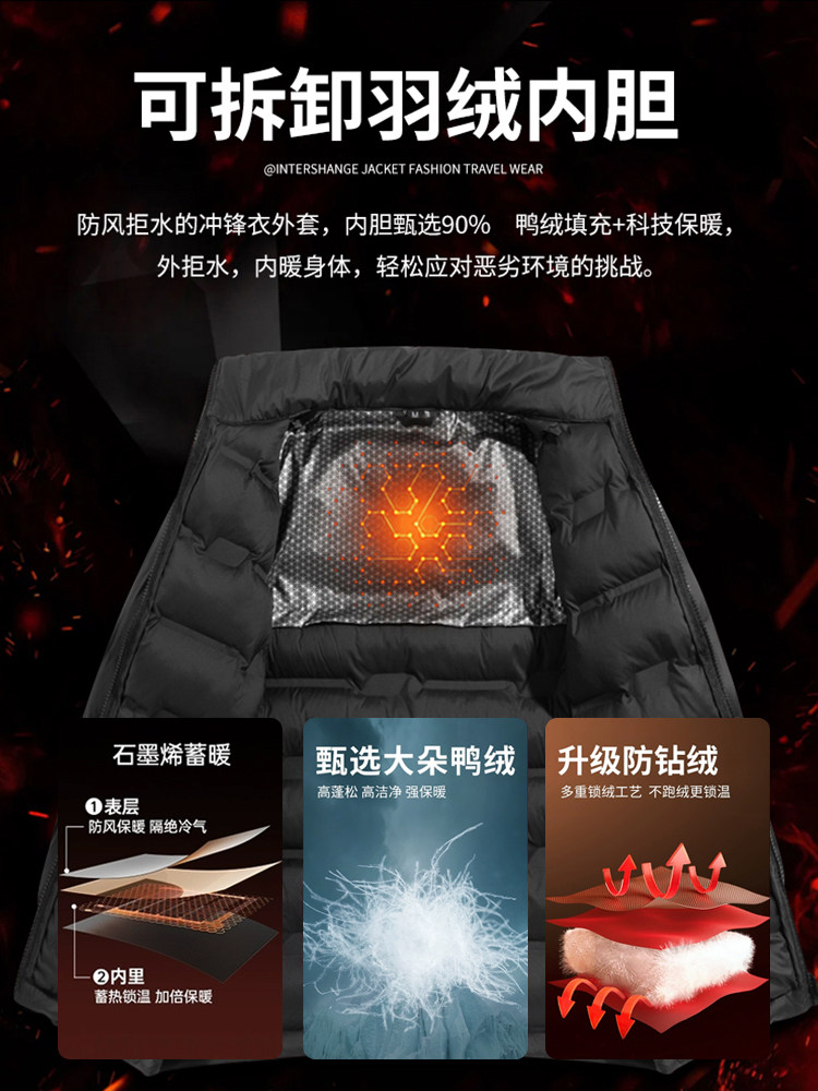 Jeep Men's Jacket down Jacket 2025 New Winter Three-In-One Liner Windproof Fleece-Lined Thickened Men's Coat