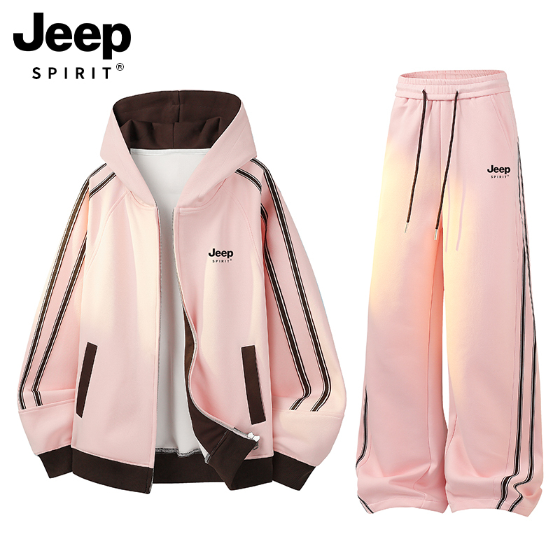 Jeep Pink Striped Suit for Women 2026 New Autumn and Winter Petite Relaxed Sweatshirt and Sweatpants Casual Sportswear