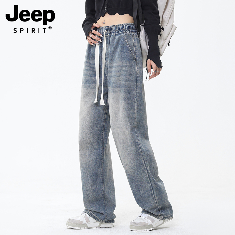 Jeep Washed Vintage Jeans for Women 2026 New Spring and Autumn Loose Straight Wide-Leg Pants Retro Light-Colored Trousers