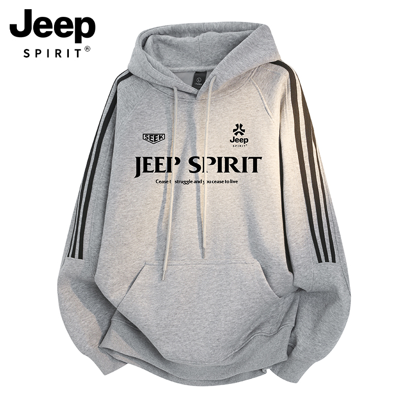 Jeep American-Style Trendy Gray Hooded Sweatshirt for Women 2026 New Autumn Three-Stripe Couple Loose Pullover Hoodie