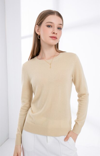 ເສື້ອຢືດ cashmere ບໍລິສຸດ 100% ສໍາລັບແມ່ຍິງດູໃບໄມ້ລົ່ນແລະລະດູຫນາວໃຫມ່ worsted round neck pullover base sweater ສີແຂງ knitted sweater