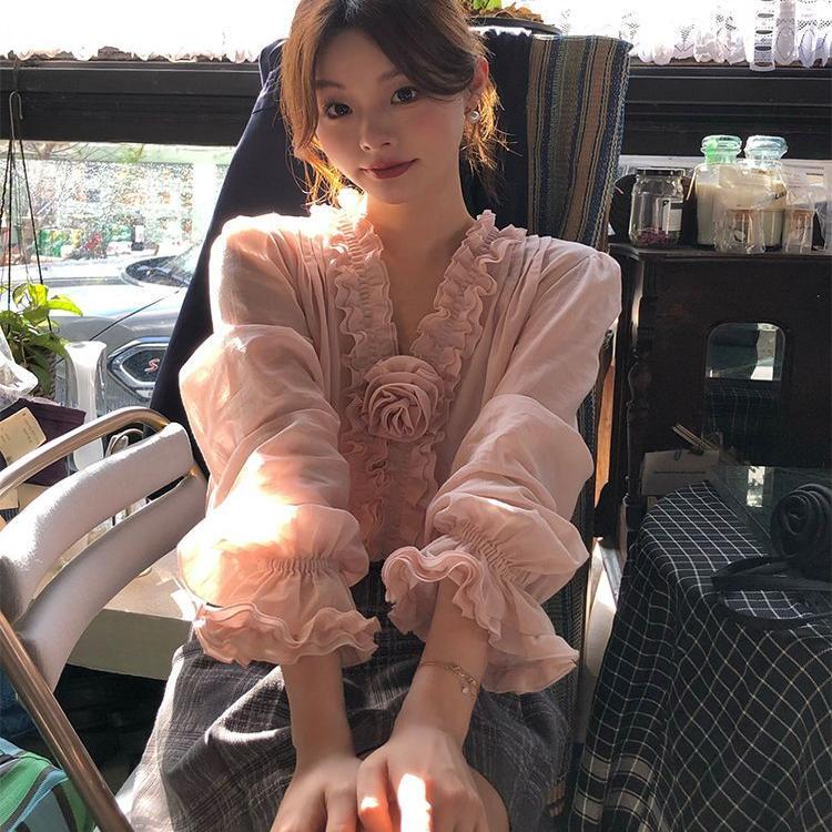 Rose Flower Heavy Embroidery Rose Flower Shirt for Women 2025 Spring/Summer Ruffled Edge Shirt New Chinese Style Design Top