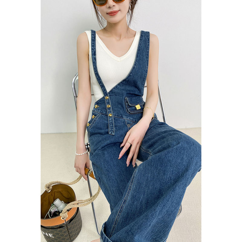 Asymmetrical Small Waist Bag 2025 Autumn New Denim Overalls for Women with Metal Buckle Straight Wide-Leg Floor-Length Pants Trendy
