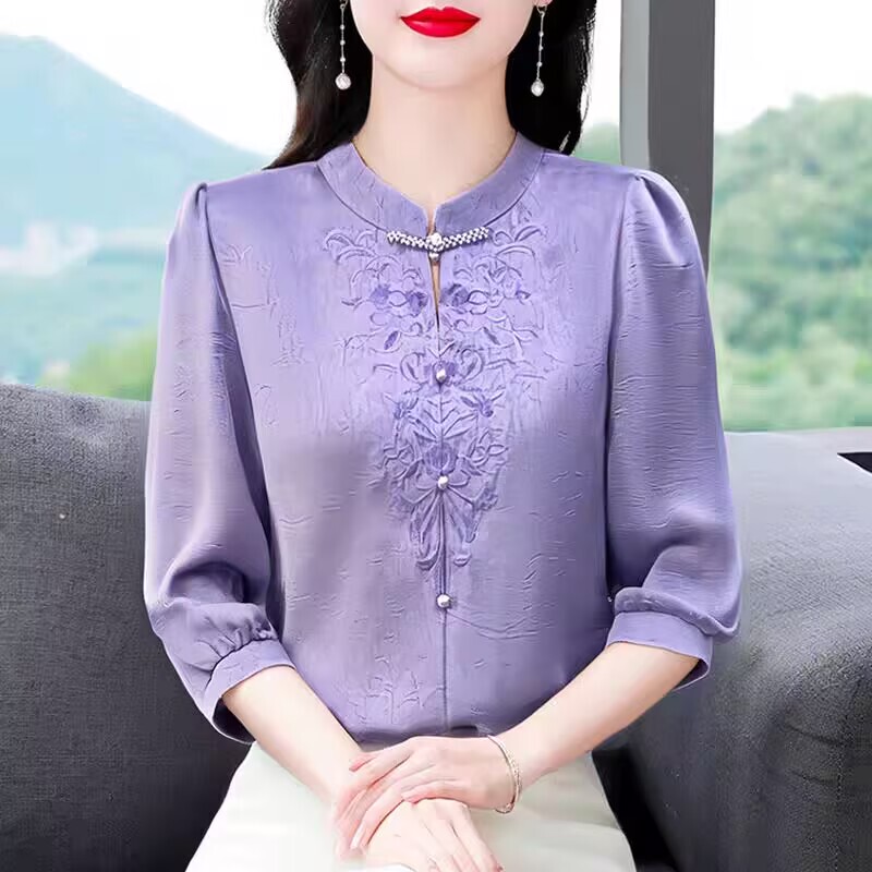 Heavy Embroidery Buttoned Three-Quarter Sleeve Shirt for Women, 2026 Spring/Summer New Style, Fashionable, Elegant, Versatile, Slimming Top