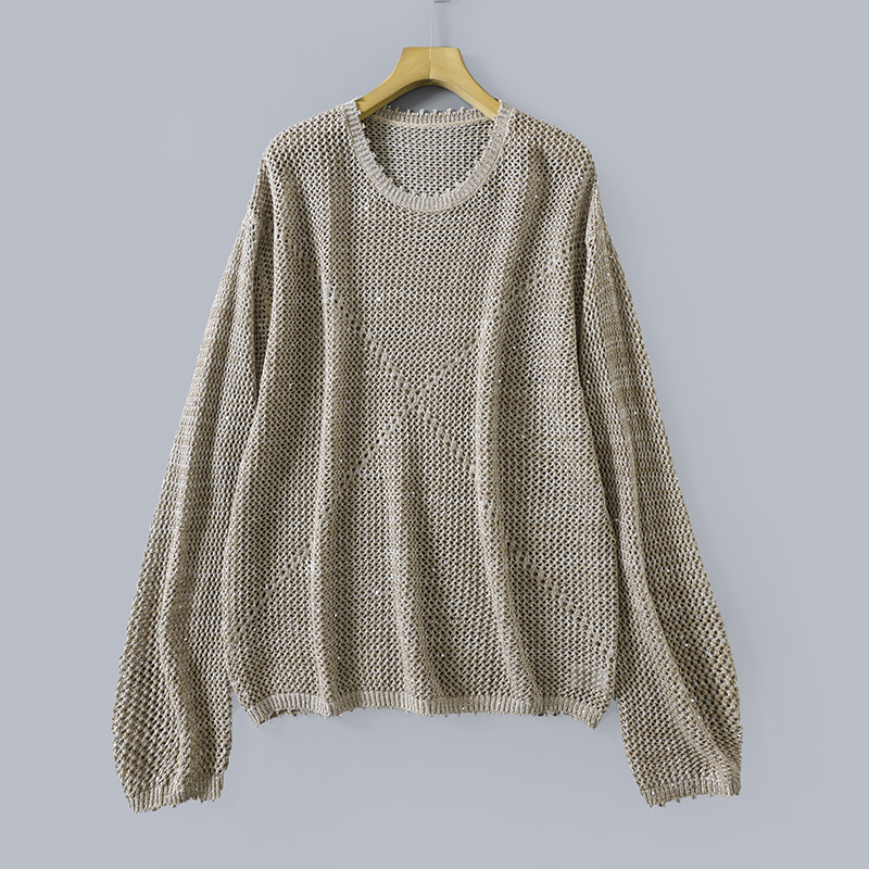 S32466 Tairan~Shiny Sequin Yarn Hollow-Out Knit Sweater~Round Neck Pullover Early Autumn Loose Long-Sleeve Blouse for Women S32466 Tairan~Shiny Sequin Yarn Hollow-Out Knit Sweater~Round Neck Pullover Early Autumn Loose Long-Sleeve Blouse for Women