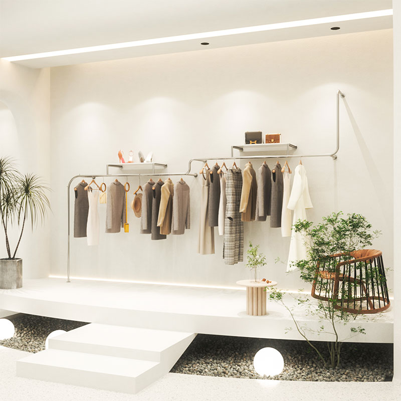 Clothing Shop Stainless Steel Wire Drawing Bilayer With Board Show Shelf Men And Women Children's Clothing Store Shelves Display Rack Creativity Hanging Clothes