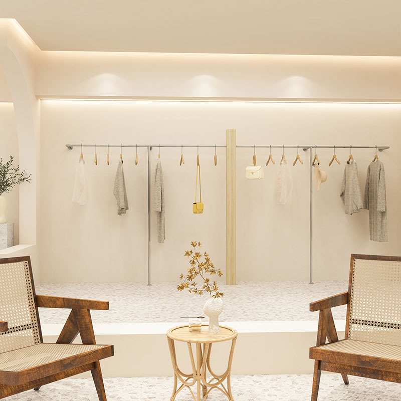 Clothing Shop Upper Wall Display Shelving Display Shelf Men And Women Fashion Shop Upper Wall Hung Hanger Wood Stainless Steel Frame