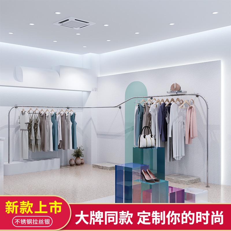 Clothing Store Show Rack Upper Wall Hung Hanger Floor Type Tennis Red Women's Clothing Store Suspended Stainless Steel Hanging Hanger Wall-mounted
