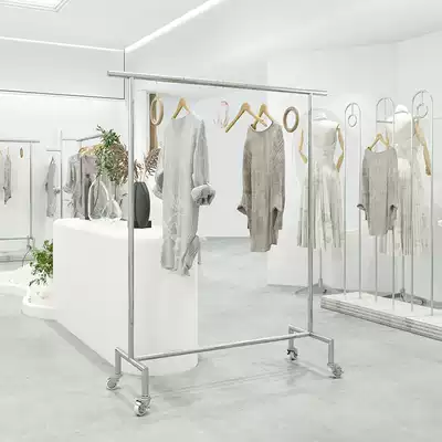 Clothing store display rack wheel landing stainless steel silver Zhongdao clothes bar women's clothing store shelf Net red display rack