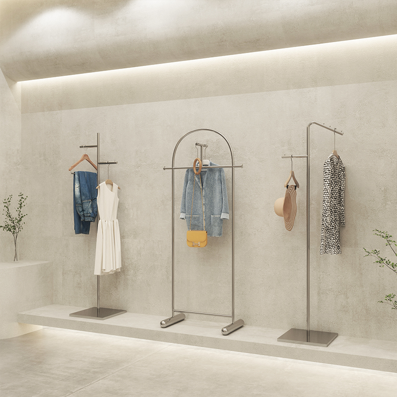 Clothing Store Show Shelves Men and women's clothing stores Mobile positive hanging shelves Stainless Steel Landing Type Middle Island Customised Display Props