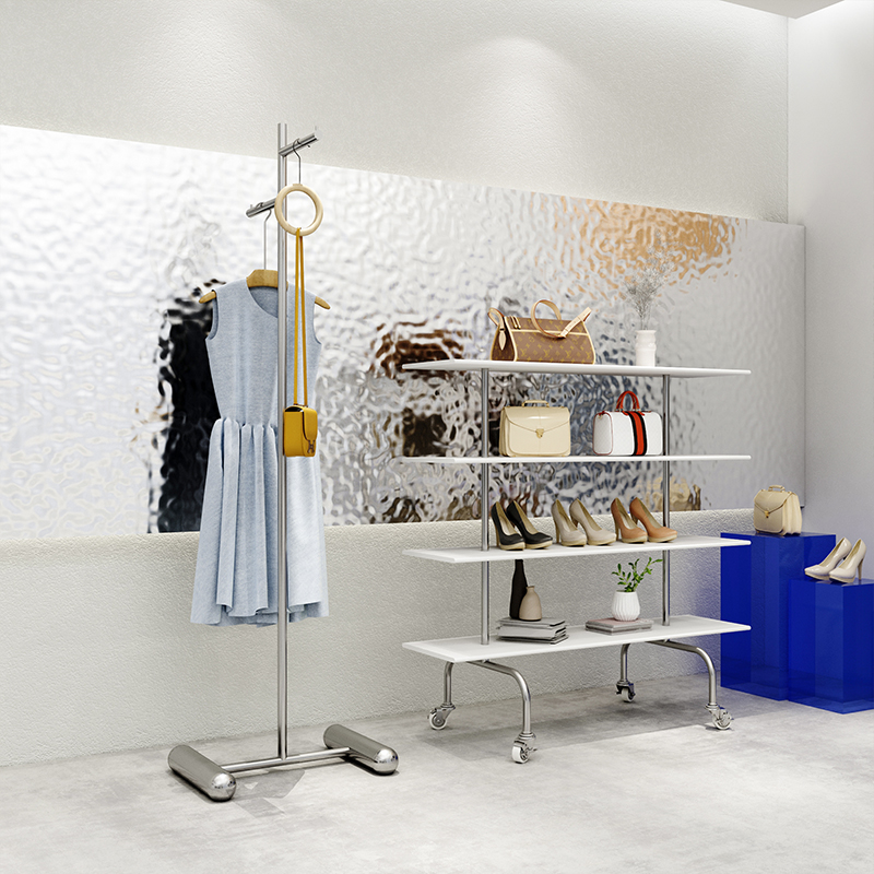 Clothing Store Show Shelf Stainless Steel Floor Positive Hanging Women's Clothing Store Middle Island Fashion Brief Shelving Items Display Furnishing Props