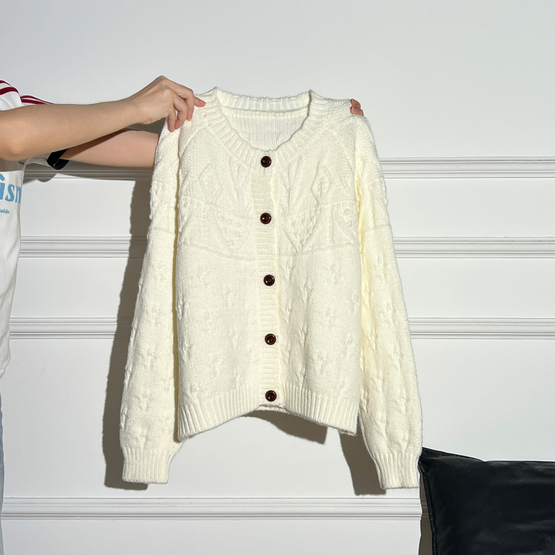 White High-End Twist Knit Round Neck Cardigan Thick Sweater Coat Autumn Long-Sleeve Loose Outerwear for Women White High-End Twist Knit Round Neck Cardigan Thick Sweater Coat Autumn Long-Sleeve Loose Outerwear for Women