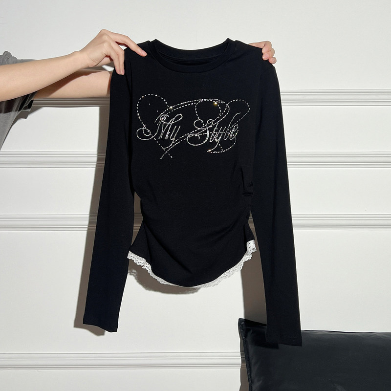Lace-Trimmed Hem Rhinestone Embellished Long-Sleeve T-Shirt for Women, 2026 Spring Collection, Round Neck, Regular Shoulder, Black Top