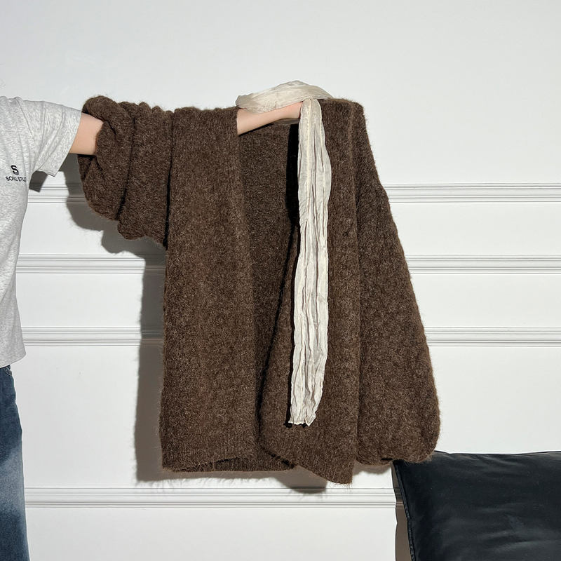 Casual Style Melard Coffee Brown Knitted Cardigan for Women, Autumn and Winter Thick Warm Sweater, Long-Sleeve Coat with Ribbon Design
