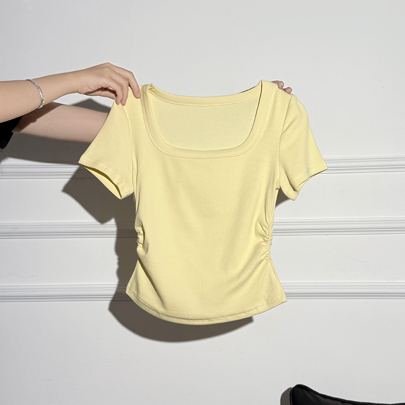 Pure Desire Square Neck Short-Sleeve T-Shirt for Women, Summer Niche Design, Slim Fit, 2026 Yellow, Regular Shoulder, Large Neckline Top Pure Desire Square Neck Short-Sleeve T-Shirt for Women, Summer Niche Design, Slim Fit, 2026 Yellow, Regular Shoulder, Large Neckline Top