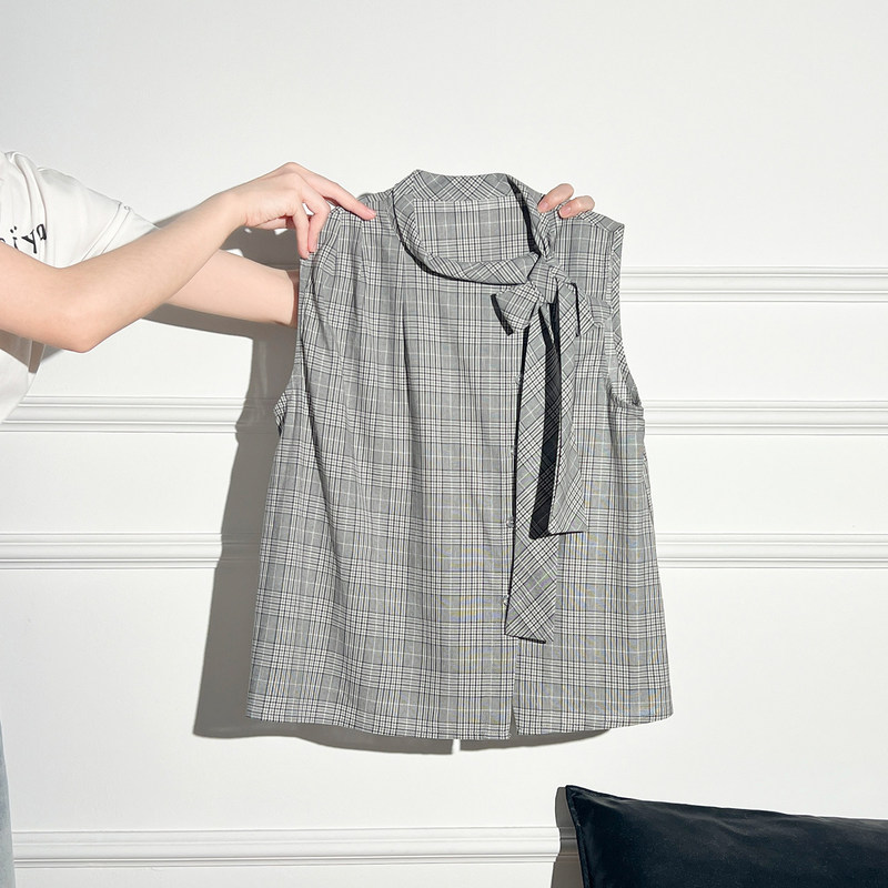 La Chapelle Retro Plaid Sleeveless Vest Shirt T-Shirt for Women, New Summer Design with Ribbon, Outerwear Top