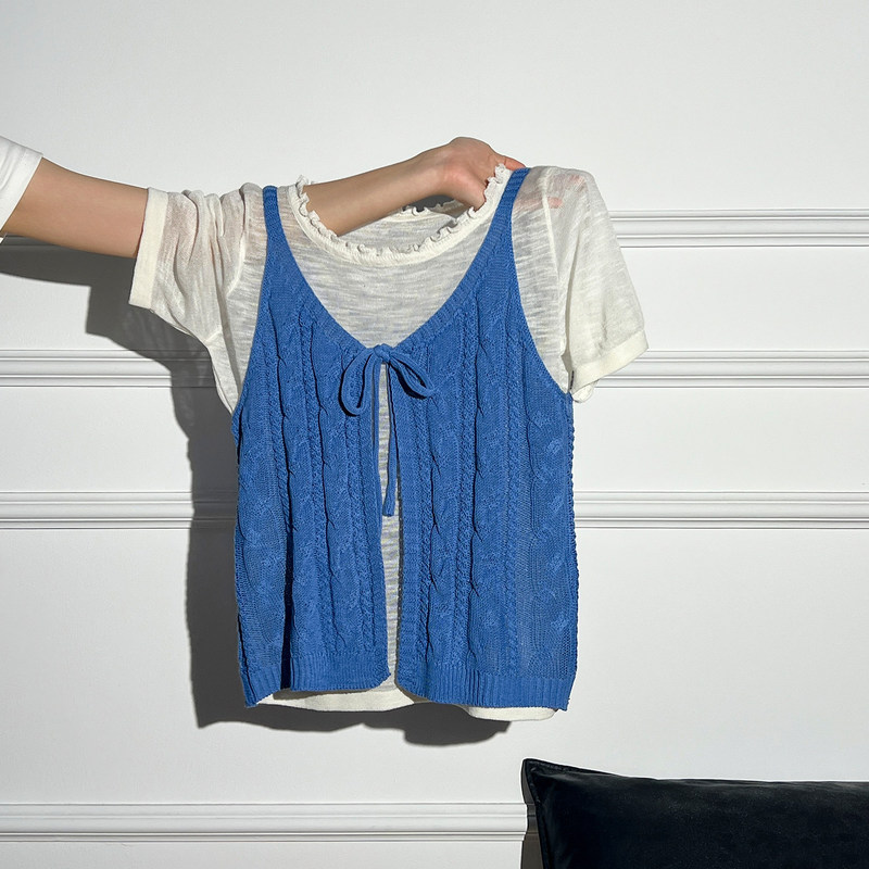 White Ruffled Thin Round-Neck Regular Shoulder Short-Sleeve T-Shirt Cover-Up Knit Vest Spring and Summer Women's Layered Two-Piece Set